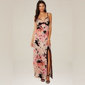 NWT Bebe Floral Satin Slip Dress Lace Pink Black Size 6 Maxi